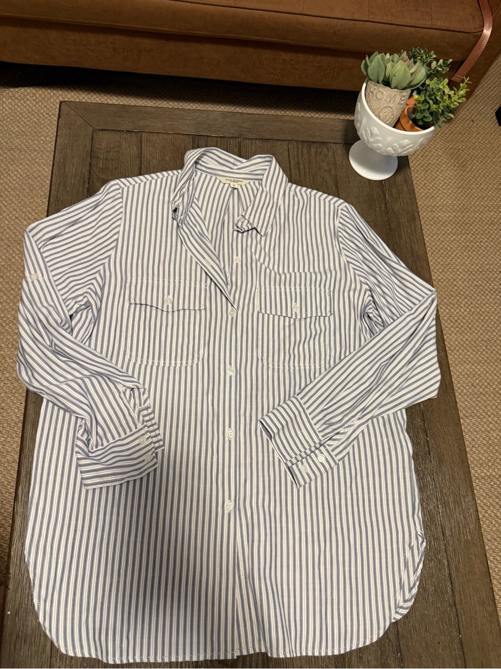Max Studio Blue and White Striped Button-Down Shirt